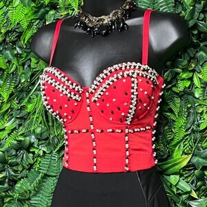 Kaylee Kollection Top Medium Red Beaded Bustier Corset blouse 3421